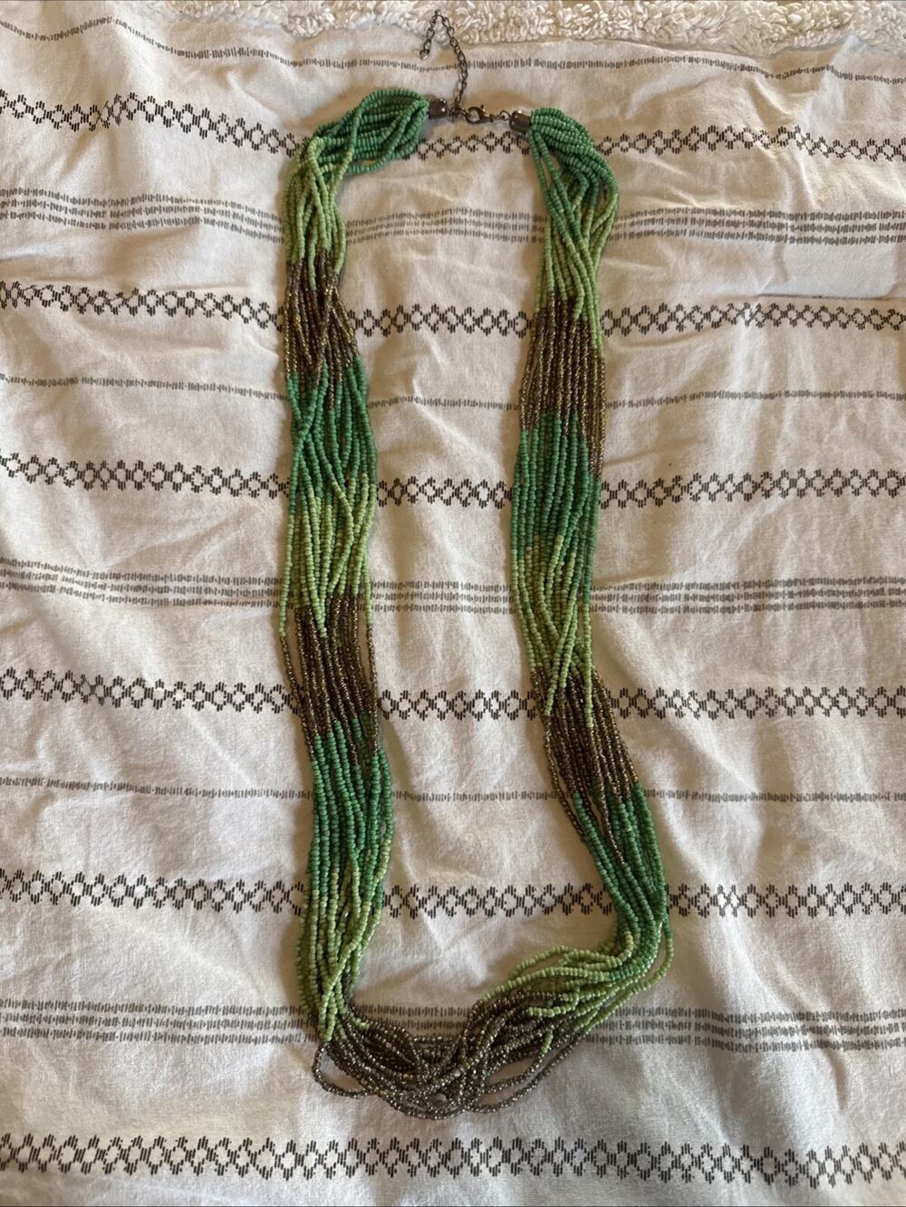 Anthropologie Seed Bead Multilayer Necklace Green And Gold 32” + 3” Extension